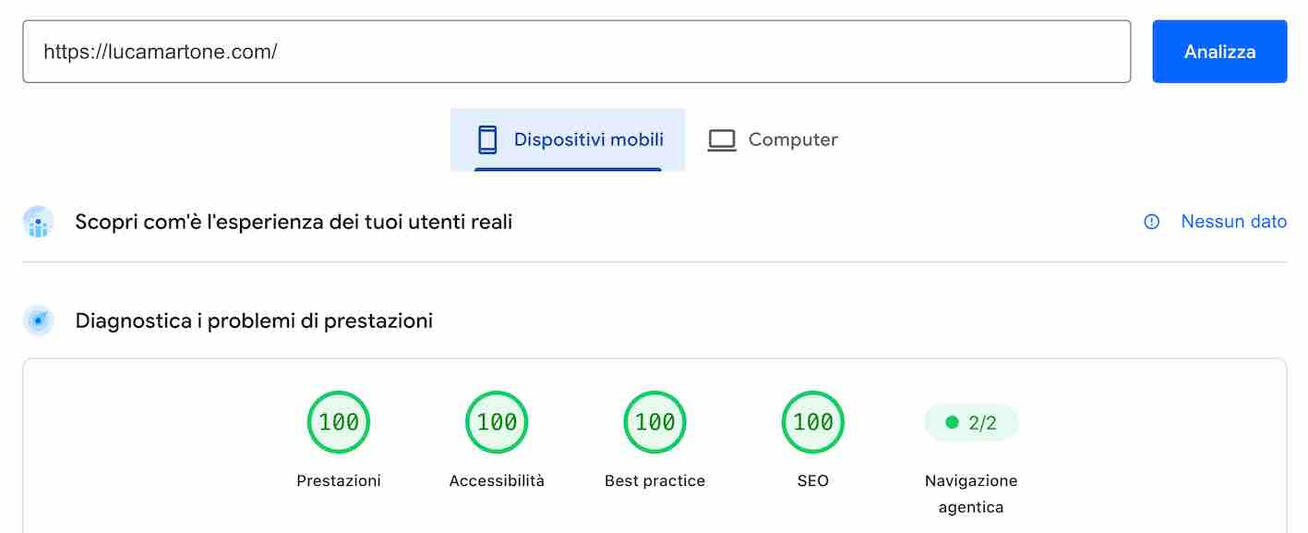 risultato page speed insight disposititvi mobili